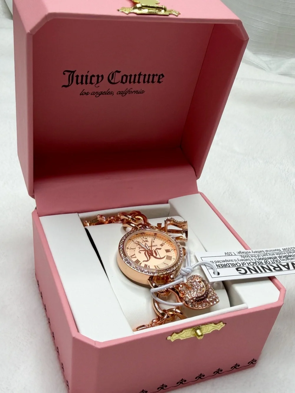 NWT Juicy Couture Rose Gold Charm Bracelet Watch in Pink Gift Box